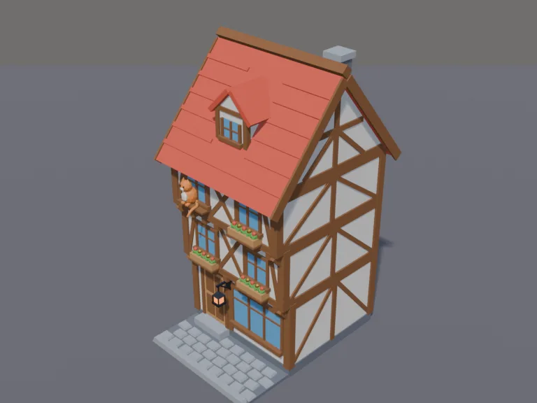 Half-Timbered Townhouse: a low-poly half-timbered townhouse: a narrow three-storey house with white plaster and dark crossing beams, each upper floor jutting out over the one…