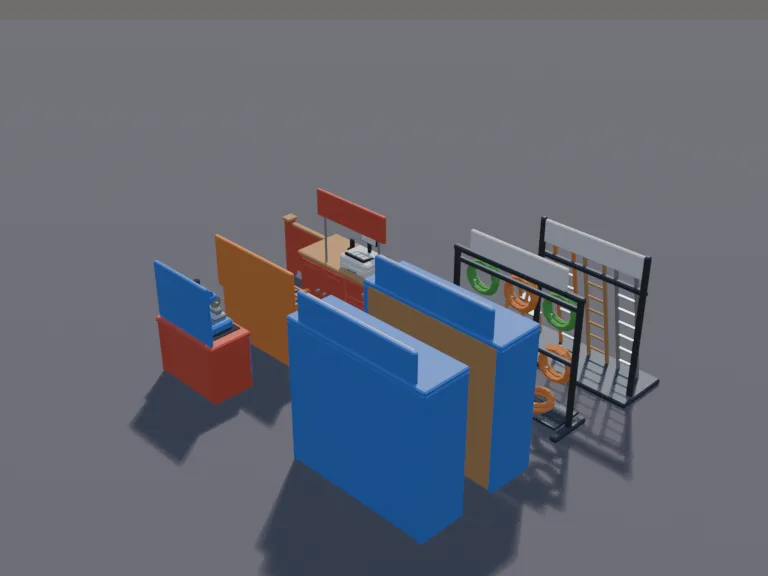 Hardware Store Set: a low-poly hardware store set: shelves of paint cans and tools with no labels, a key cutting machine, a rack of hoses, bins of nuts and bolts, a ladder…
