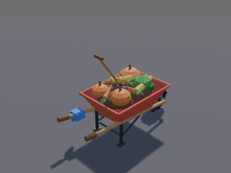 Harvest Wheelbarrow: a low-poly farm wheelbarrow full of harvest: a red metal wheelbarrow with a single rubber wheel that is its own part, two wooden handles, piled with…