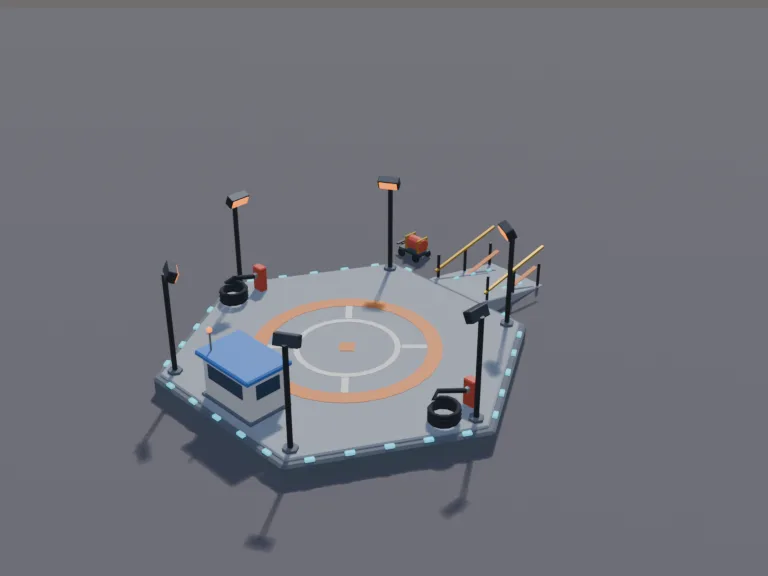 Hex Spaceship Landing Pad: a low-poly spaceship landing pad: a large hexagonal platform with glowing guide lights along its edges, a big painted landing ring in the middle,…