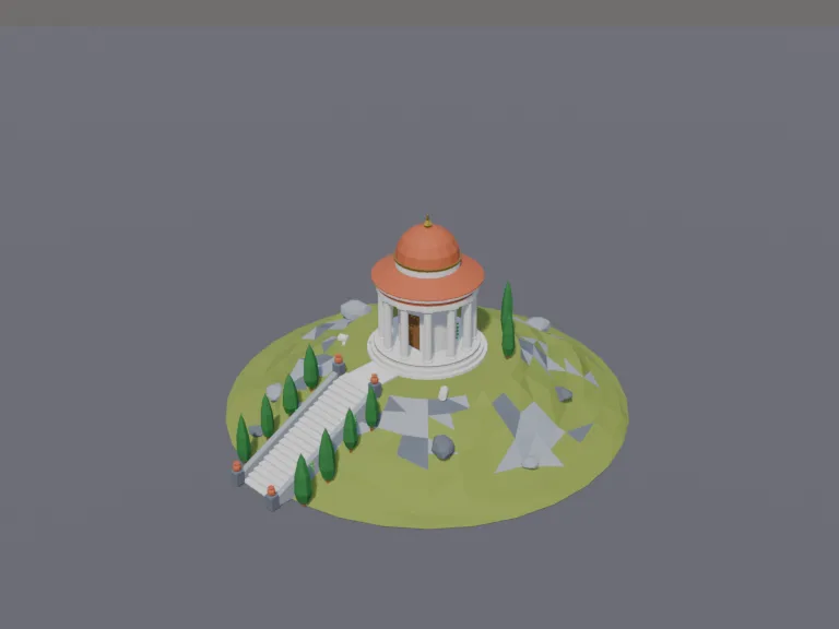 Hilltop Round Temple: a low-poly hilltop shrine: a long flight of marble steps up a rocky hill to a small round temple with columns and a dome, with cypress trees along the steps.