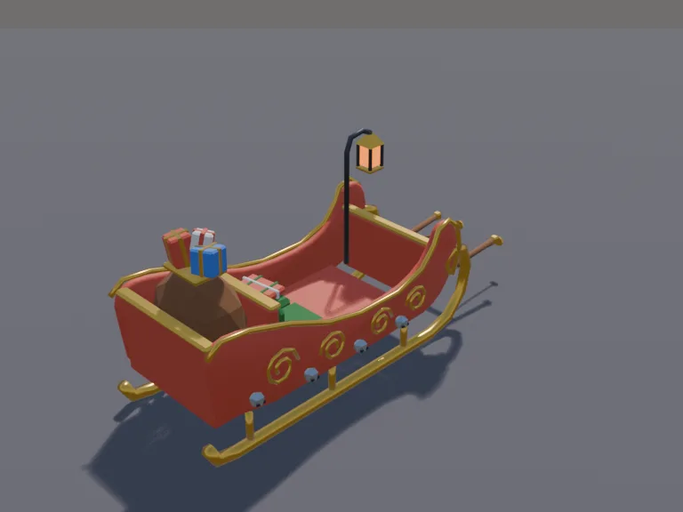 Holiday Sleigh: a low-poly holiday sleigh: a curved red and gold body with swirling trim, a padded green velvet seat for two, golden runners that curl up at the front, a big…