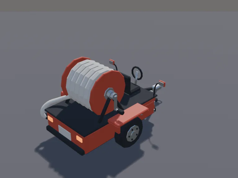 Hose Reel Trailer: a low-poly hose reel trailer: a small red two-wheeled trailer carrying a big reel of coiled hose, a nozzle clipped to its side, a hand crank that is its own…