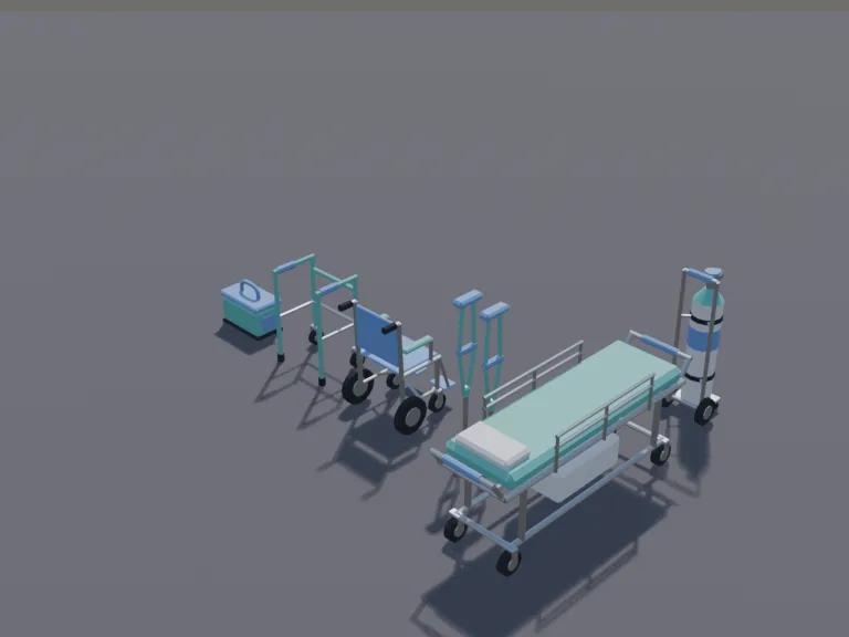 Hospital Equipment Set: a low-poly medical equipment set: a pair of crutches, a stretcher on wheels, a walking frame, a folding wheelchair-style transport chair, an oxygen tank…