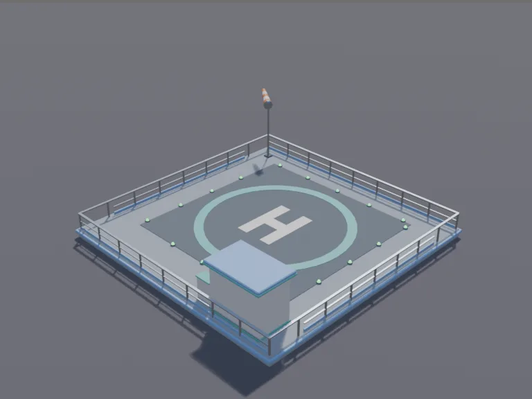 Hospital Rooftop Helipad: a low-poly hospital helipad: a square rooftop platform with a big painted H inside a circle, landing lights around its edge, a wind sock on a pole, a…