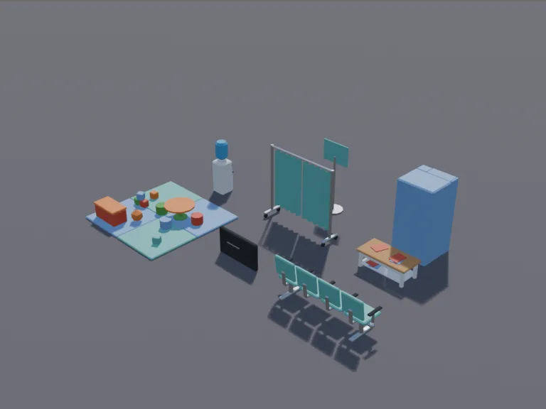 Hospital Waiting Room: a low-poly hospital waiting room set: rows of linked plastic chairs, a low table with magazines, a water cooler, a wall-mounted TV with a blank screen, a…