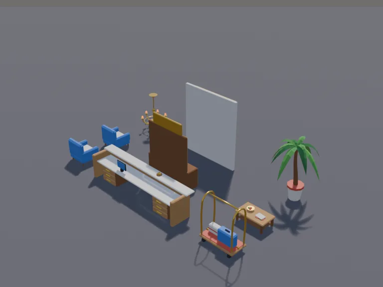 Hotel Lobby Set: a low-poly hotel: a long reception desk with a bell and key rack, a luggage trolley, a seating area with armchairs and a coffee table, a chandelier, a potted…