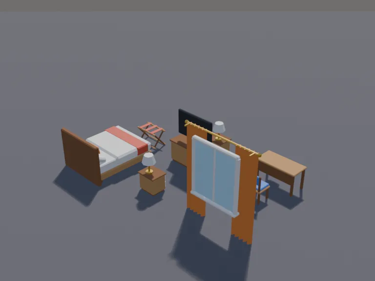 Hotel Room Set: a low-poly hotel room set: a big bed with white sheets and a runner, two nightstands with lamps, a desk with a chair, a TV on a dresser with a blank screen, a…