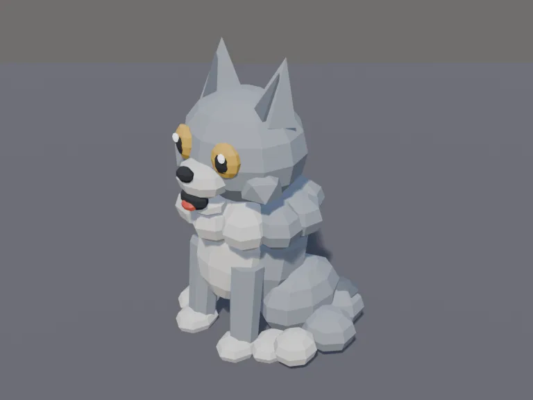 Howling Wolf Pup: a cute chunky low-poly wolf pup pet: pointed ears, a fluffy neck ruff, golden eyes and a bushy tail.
