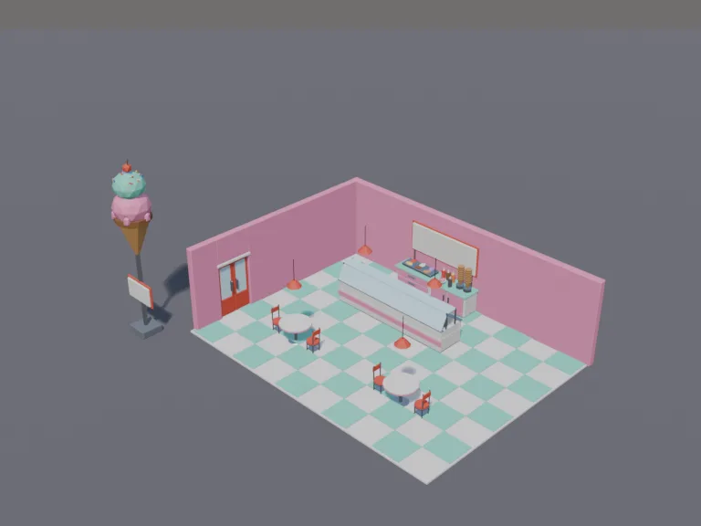 Ice Cream Parlour: a low-poly ice cream parlour: a glass freezer counter full of colourful tubs of ice cream, a stack of cones, a sundae station with toppings, two round tables…