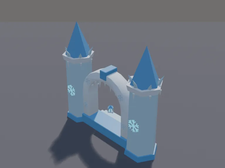Ice Palace Gate: a low-poly ice palace gate: two tall towers of translucent blue ice crystal with pointed spires, a frosted archway between them with icicles hanging from it,…