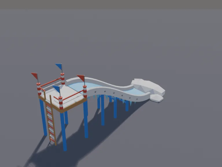 Ice Slide Ramp: a low-poly ice slide ramp: a long sloping ramp of slippery pale blue ice with frosted edges, icicles hanging from its sides, a snowy platform at the top and a…