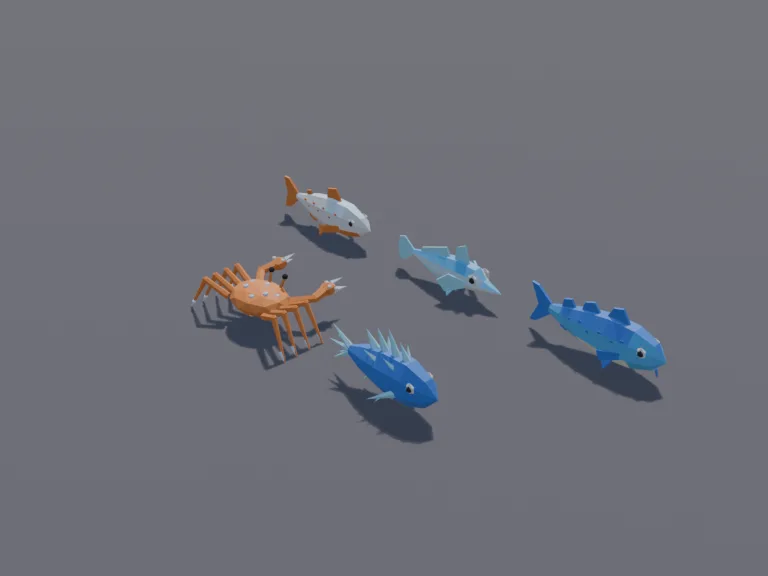 Icy Fish Set: a set of five low-poly icy fish: an icy blue cod, a translucent icefish with pale fins, a white arctic char, a fish with fins like clear crystal shards, and a…