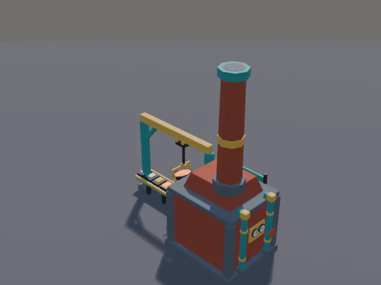 Industrial Smelter: a low-poly industrial smelter: a big brick furnace with a glowing orange mouth, a crucible of molten metal on a chain hoist, a mould line of cooling ingots,…