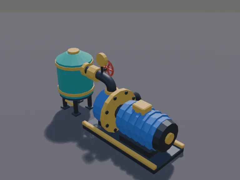 Industrial Water Pump: a low-poly industrial water pump: a large blue pump motor with a big pipe flange, two pipes curving out of it, a round water tank beside it on legs, a…
