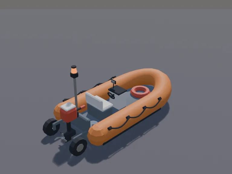 Inflatable Rescue Boat: a low-poly rescue boat: a small orange inflatable boat with a rigid floor, an outboard motor whose propeller is its own part, a life ring, a coiled…