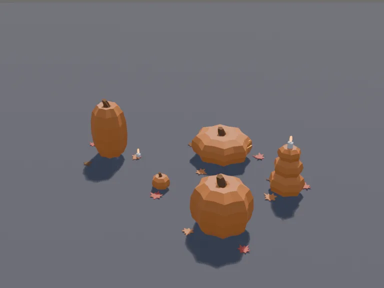 Jack-o-Lantern Set: a set of low-poly jack-o'-lanterns: a tall narrow one with a surprised face, a squat wide one with a sinister smile, a tiny one with a cute face, and a…