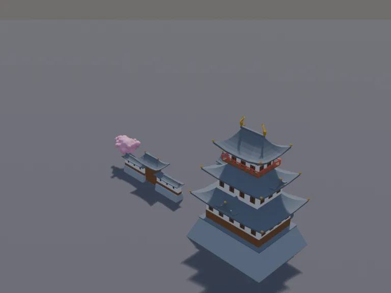 Japanese Castle Keep: a tall white castle tower with three tiers of curved grey roofs and gold ridge ornaments, small windows, a sloping stone base, a wooden gate and a short…