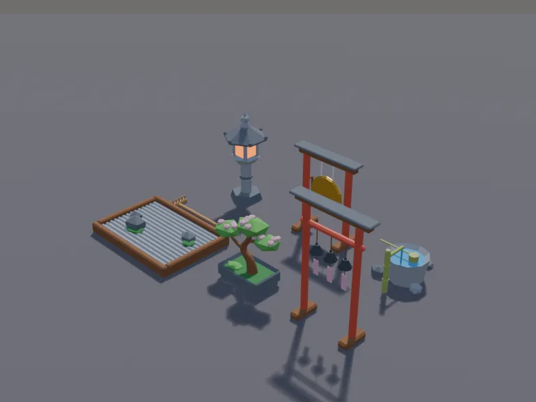 Japanese Garden Props: a low-poly Japanese garden props set: a bonsai tree in a shallow pot, a stone water basin with a bamboo ladle, a stone lantern, a wind chime stand, a…