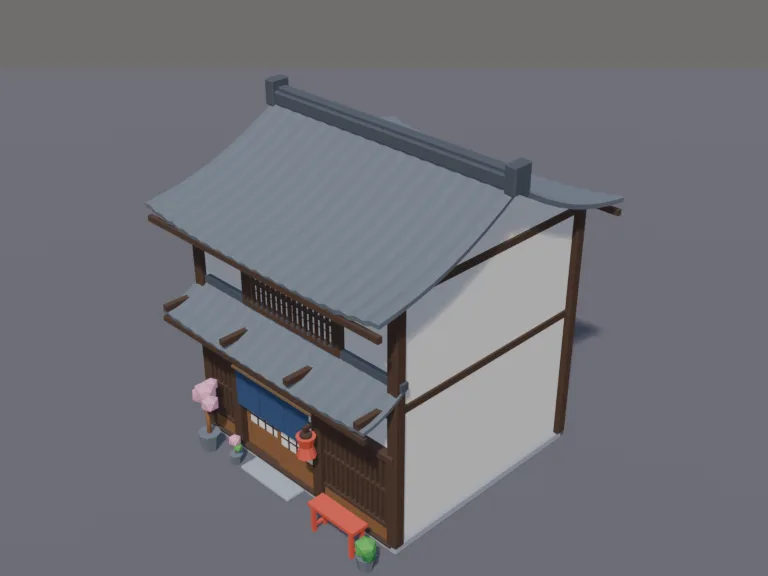 Japanese Machiya Townhouse: a low-poly traditional Japanese townhouse: a two-storey timber house with dark wooden lattice windows, white plaster walls, a grey tiled roof with…
