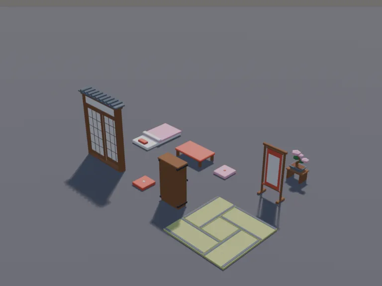 Japanese Room Set: a low-poly Japanese room: a tatami mat floor piece, sliding paper screen doors, a low table with floor cushions, a futon rolled out, a tall wooden cabinet, a…