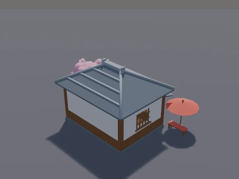 Japanese Snack Shop: a low-poly Japanese snack shop: shelves of colourful snacks with no labels, a glass sweet case, a curtain over the door and a bench outside under a red…