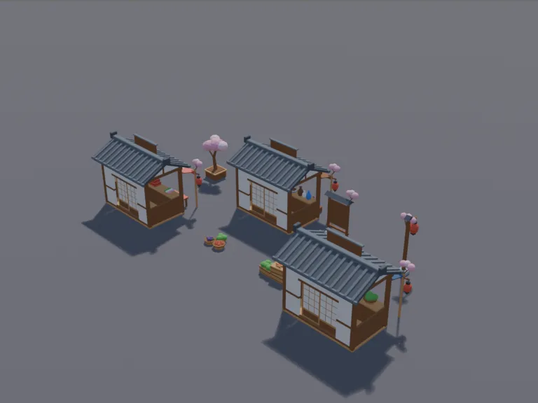 Japanese Street Market: a low-poly Japanese street market: three small wooden stalls under cloth awnings selling vegetables, sweets and pottery, crates and baskets of goods,…