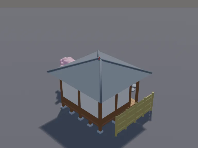 Japanese Tea House: a low-poly tea house: a raised wooden veranda, a tatami floor with low cushions, a low table with a teapot and cups and a bamboo fence.