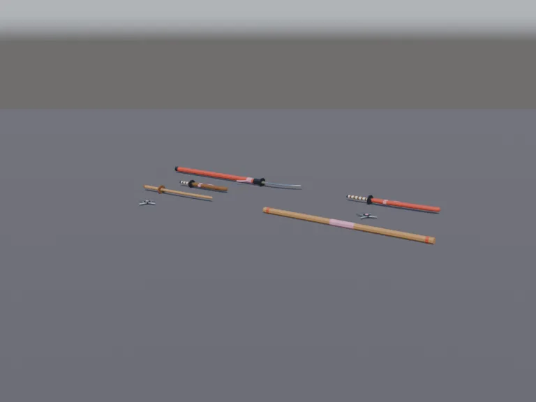 Japanese Weapon Set: a low-poly Japanese weapon set: a katana in its scabbard, a short wakizashi, a bo staff, a naginata spear, a pair of throwing stars and a wooden practice…