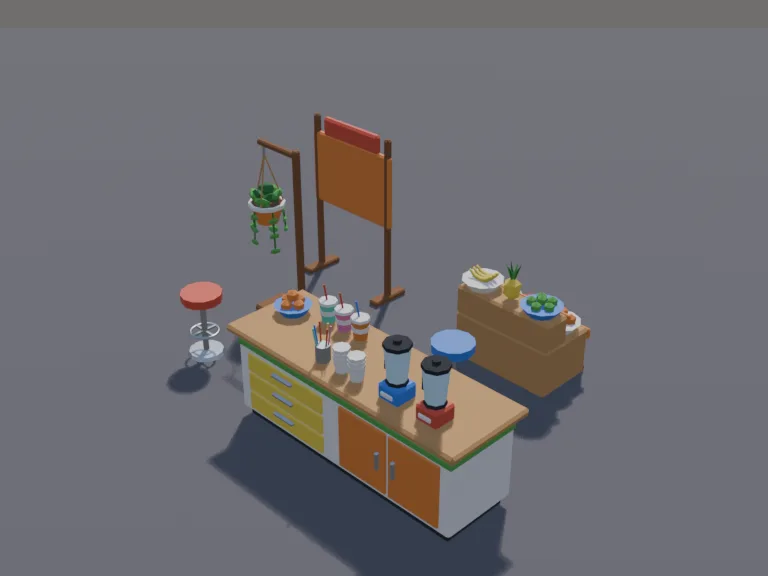 Juice Bar Set: a low-poly juice bar set: a bright counter with blenders, a display of fresh fruit in bowls, cups and straws, a menu board left blank, two stools and a hanging…