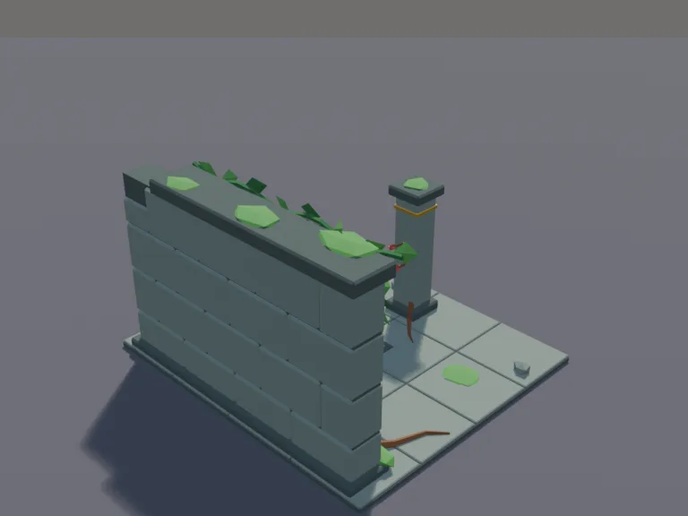 Jungle Dart Trap Wall: a low-poly dart trap wall: a carved stone wall section with a row of stone faces whose mouths hold darts, a pressure plate on the floor in front, a few…