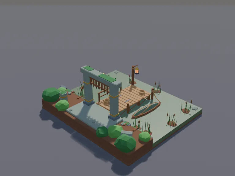 Jungle River Dock: a low-poly jungle river dock: a small wooden dock on stilts over a muddy river piece, a dugout canoe tied to it with a paddle, a lantern post, coils of rope…
