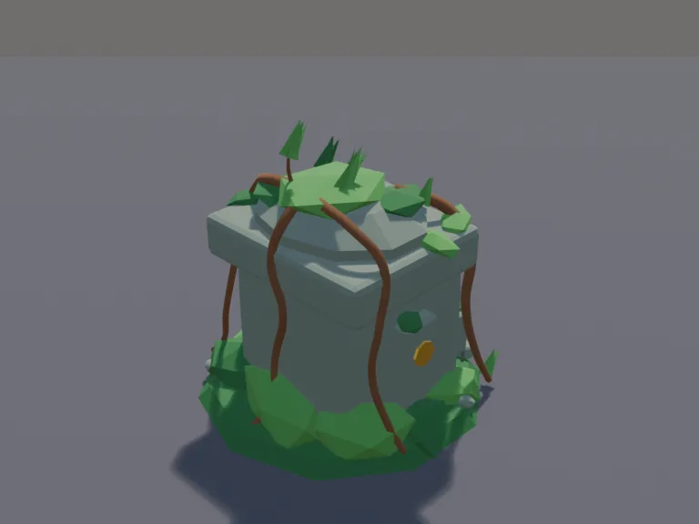 Jungle Stone Head: a low-poly giant stone head: a huge carved stone face half sunk into the jungle floor, covered in moss and roots, with a crack across one cheek and small…