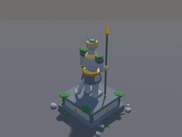 Jungle Temple Guardian: a low-poly temple guardian statue: a tall stone big-cat warrior holding a spear on a carved base, with moss on its shoulders and glowing green gem eyes.