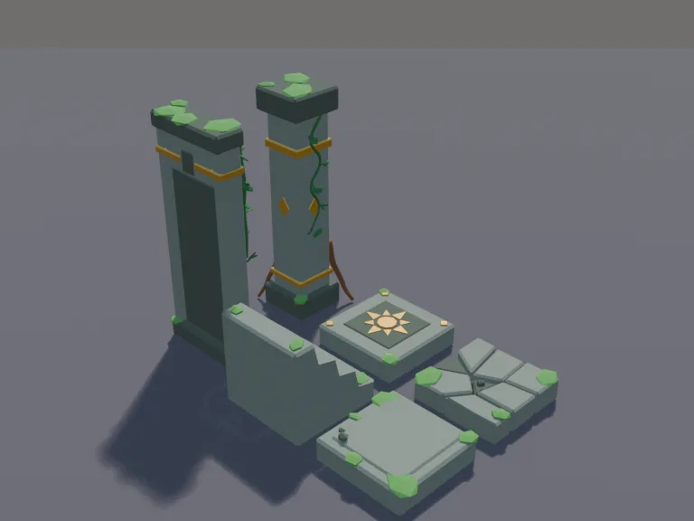 Jungle Temple Kit: a plain stone floor tile, a cracked tile, a tile with a carved symbol, a stair block, a wall block and a corner pillar block.