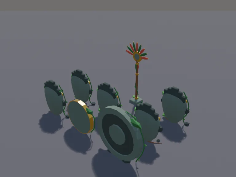 Jungle Temple Mask Set: a low-poly temple mask set: five carved stone and gold temple masks with different expressions, a carved shield disc, a feathered staff and a stone…