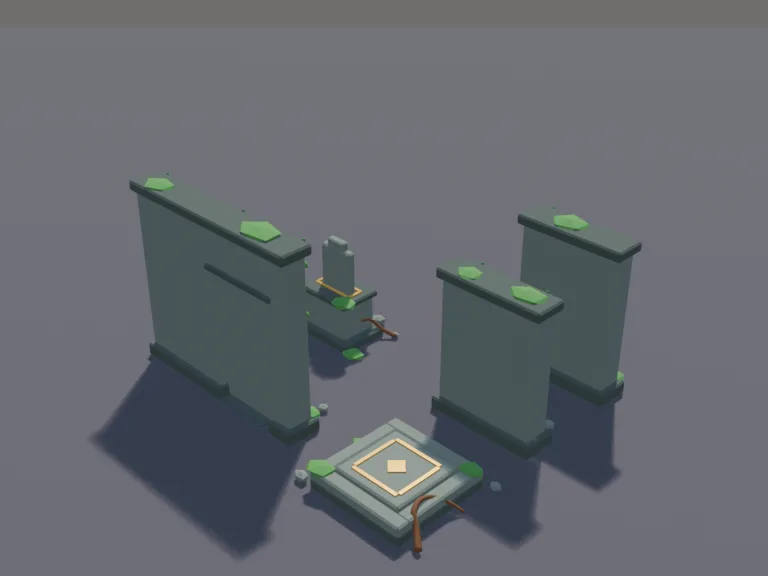 Jungle Temple Mechanisms: a low-poly temple mechanism set: a stone pressure plate that sinks as its own part, a wall lever, a pull chain with a ring, a gear wheel mechanism on…