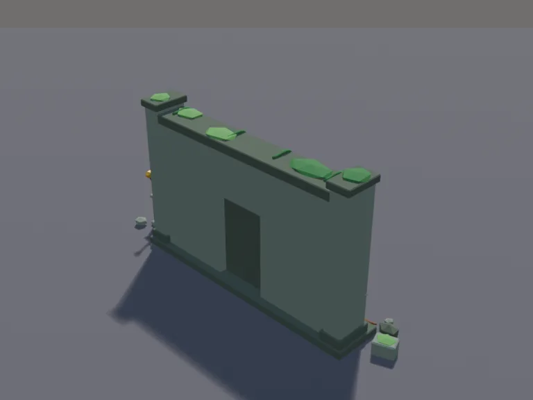 Jungle Temple Puzzle Wall: a low-poly temple puzzle wall: a sealed stone door in the middle, glowing gem slots and a lever on a post beside it.
