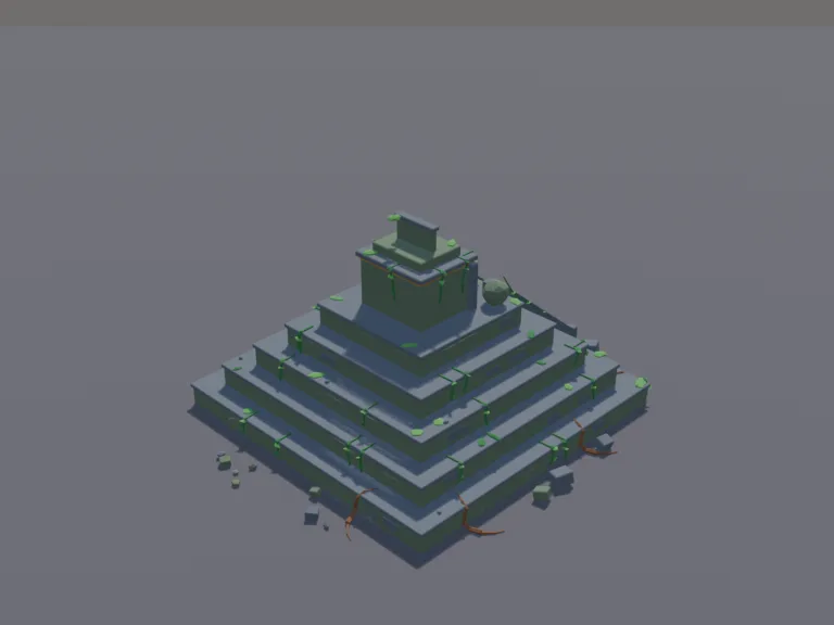 Jungle Temple Pyramid: a low-poly jungle temple pyramid: a stepped stone pyramid with steep stairs up the front, a small shrine room at the top with a dark doorway, carved face…