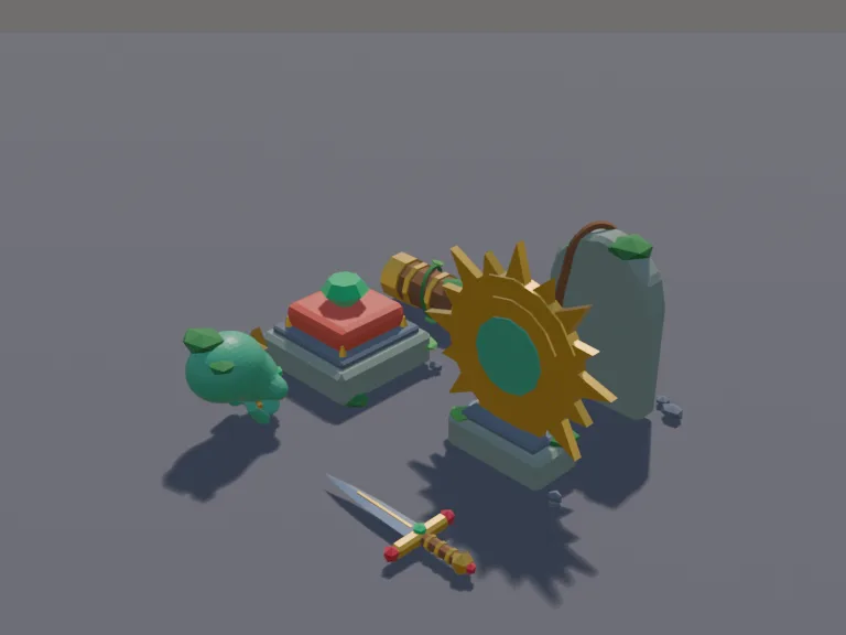 Jungle Temple Relics: a low-poly temple relics set: a jade skull, a gold sun disc, a jewelled dagger, a carved stone tablet, an emerald on a cushion and an old scroll case.