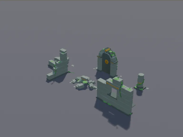 Jungle Temple Ruins Kit: a low-poly ruined wall kit: a broken stone wall section with a window, a collapsed corner with fallen blocks, a lone standing archway, a pile of rubble…