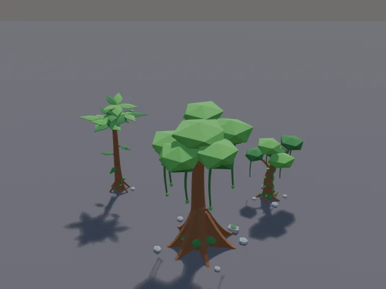Jungle Tree Set: a low-poly jungle tree set: a giant tree with huge buttress roots, a tall tree with big broad leaves, a twisted vine-covered tree and a mossy stump with mushrooms.