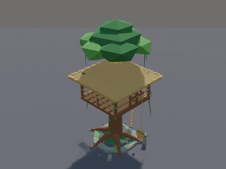 Jungle Treehouse Lookout: a low-poly jungle treehouse lookout: a wooden platform high in a giant tree with a thatched roof, a rope ladder, a pulley basket that is its own part,…