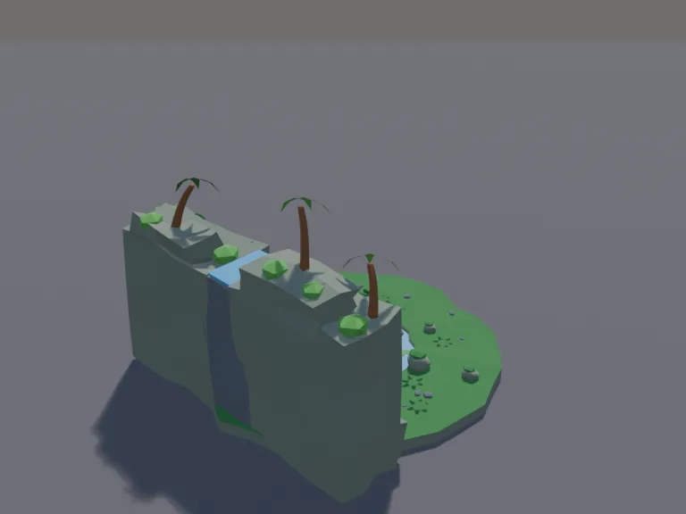 Jungle Waterfall Temple: a low-poly jungle waterfall: a rocky cliff with a waterfall pouring into a round pool, mossy boulders, ferns and lily pads, and a path of stepping…