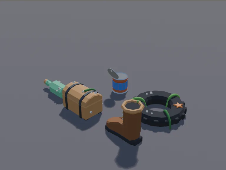 Junk Catches Set: a low-poly set of junk catches: an old leather boot, a corked bottle with a rolled note inside, a rusty tin can, a small barnacle-covered chest and an old…