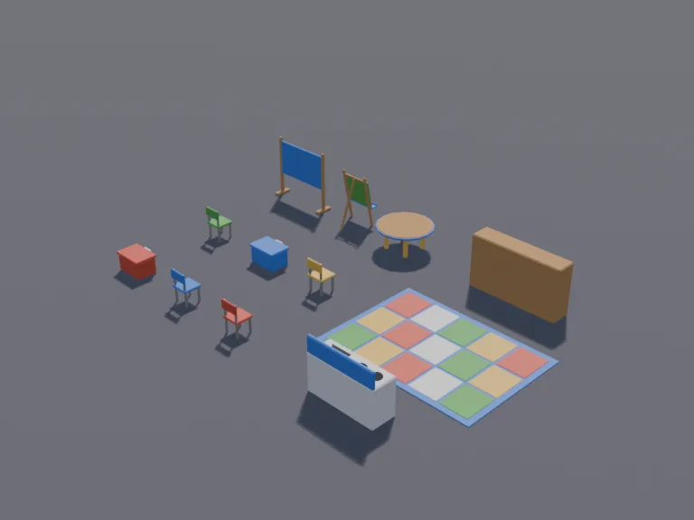 Kindergarten Classroom Set: a low-poly kindergarten classroom set: small round tables with tiny chairs, a reading rug with a colourful pattern, a toy kitchen, building blocks…