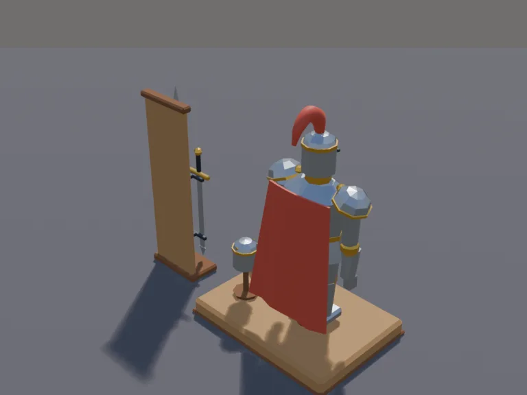 Knight Armor Stand: a low-poly knight's armor stand: a wooden stand wearing a full suit of plate armor with a plumed helmet and a red cape hanging from the shoulders, a round…