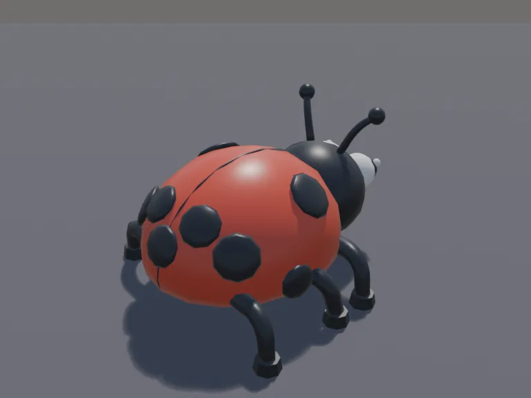 Ladybug Pet: a cute chunky low-poly ladybug pet: a domed red shell with big black spots, a black head with white eye dots and short antennae.