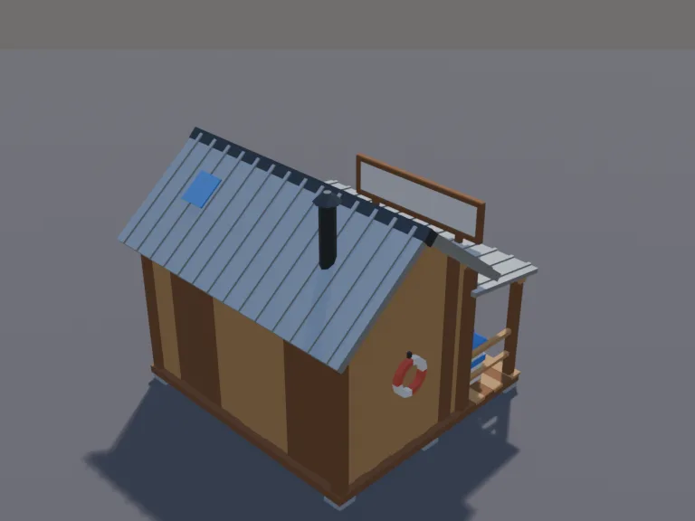 Lakeside Bait Shop: a low-poly bait shop building: a small weathered wooden shack with a tin roof, a big painted fish shape on its side, a porch with a bait fridge and a rod…
