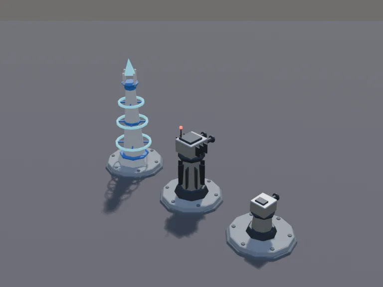 Laser Tower Upgrades: a low-poly laser tower in three upgrade levels, side by side: a short metal turret with a single red laser lens, a taller tower with twin lenses on a…